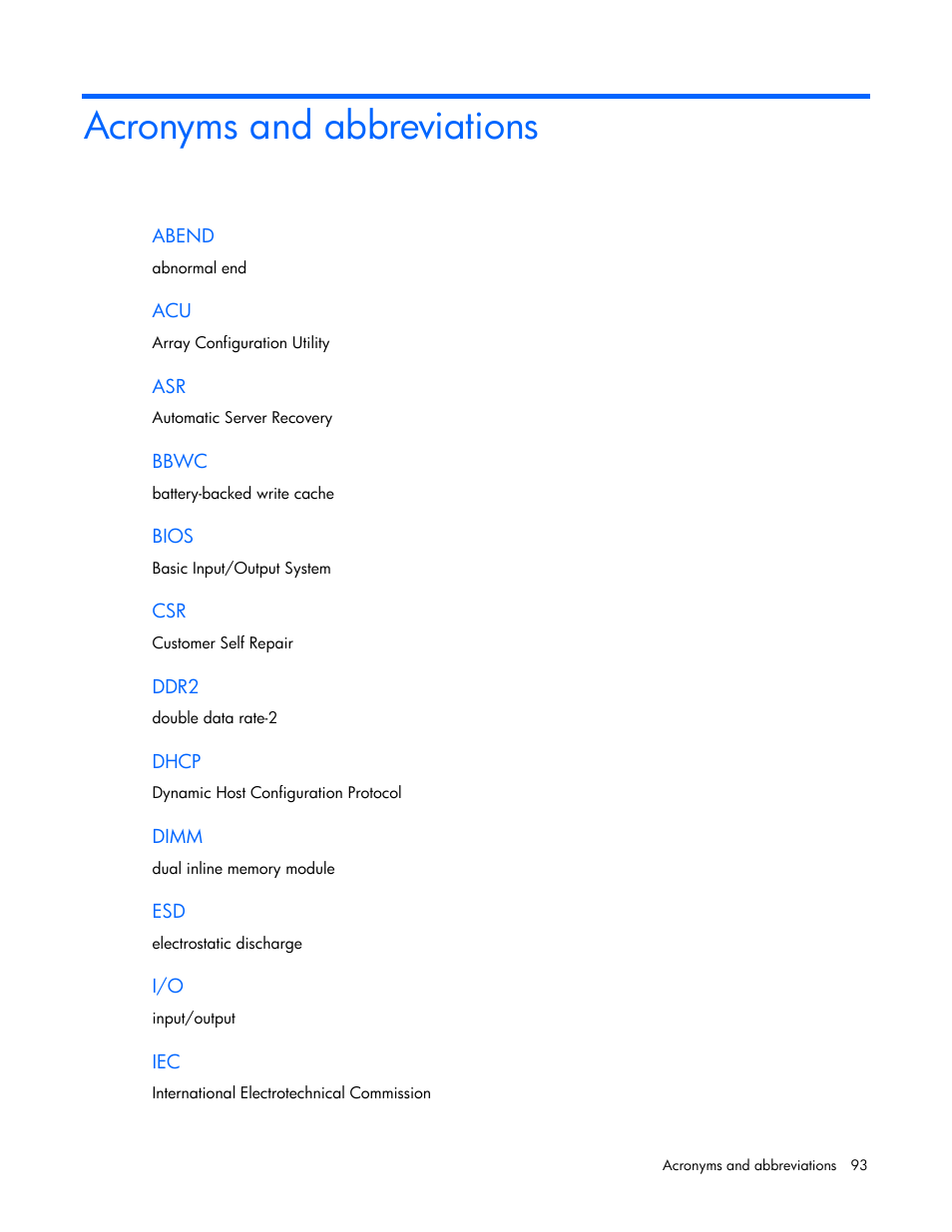 Acronyms and abbreviations | HP BL685C User Manual | Page 93 / 99