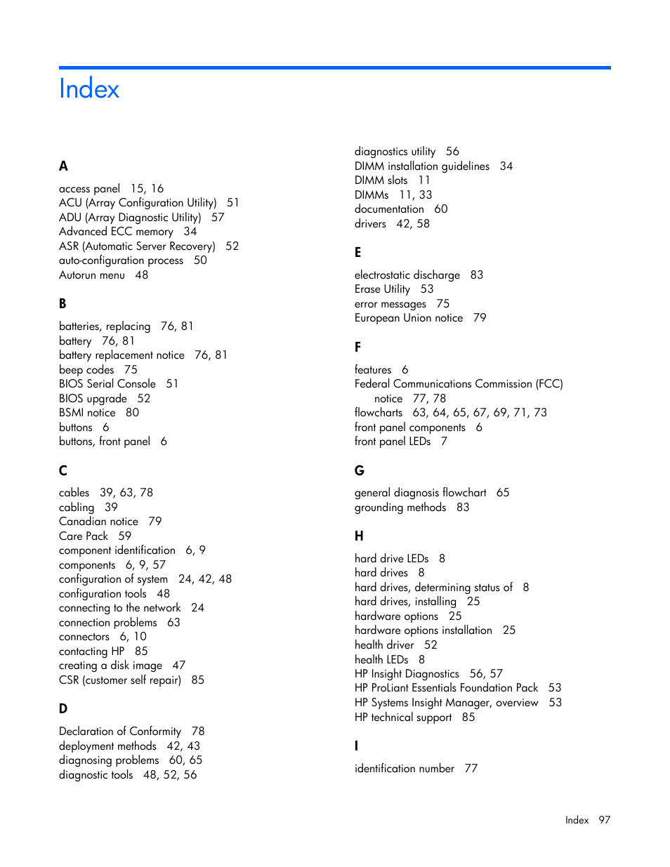 Index | HP BL685C User Manual | Page 97 / 99