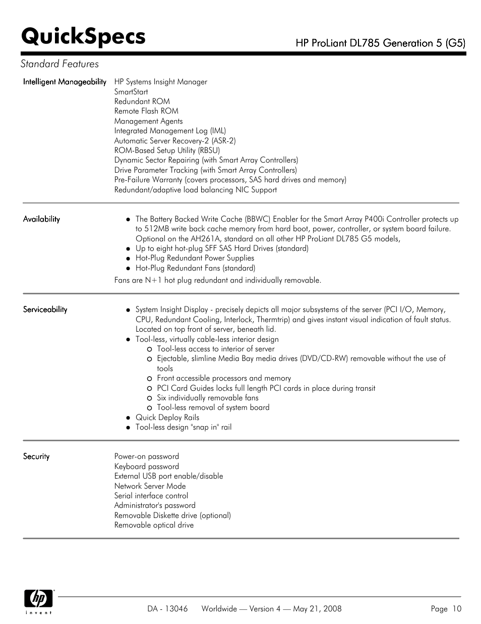 Quickspecs | HP ProLiant DL785 User Manual | Page 10 / 42