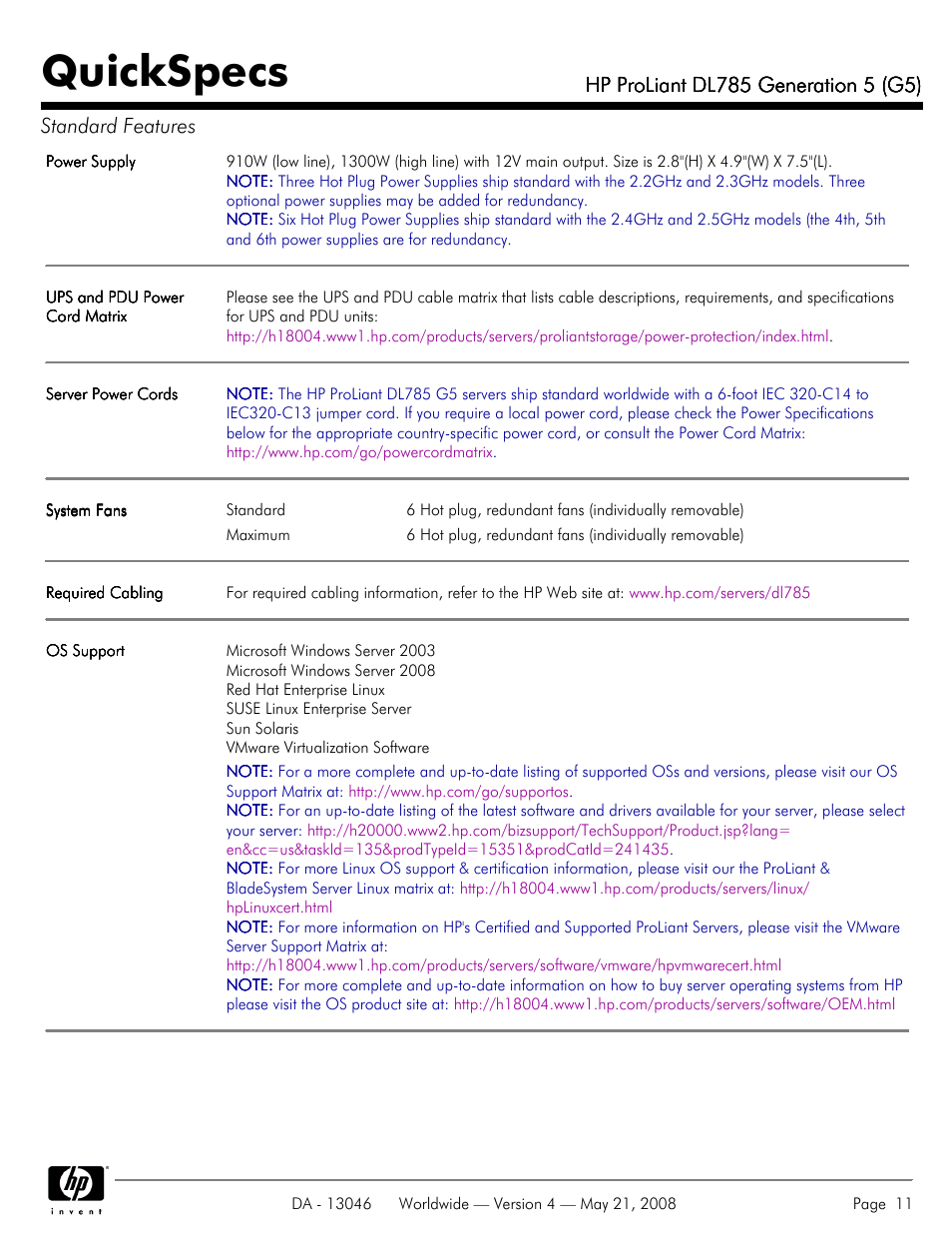 Quickspecs | HP ProLiant DL785 User Manual | Page 11 / 42