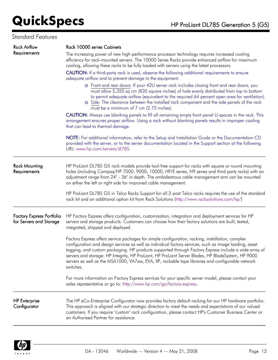 Quickspecs | HP ProLiant DL785 User Manual | Page 12 / 42
