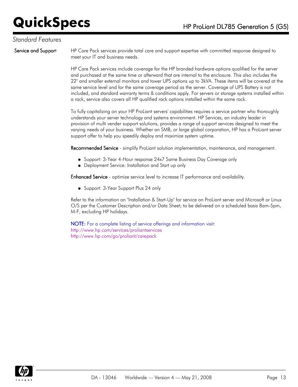 Quickspecs | HP ProLiant DL785 User Manual | Page 13 / 42