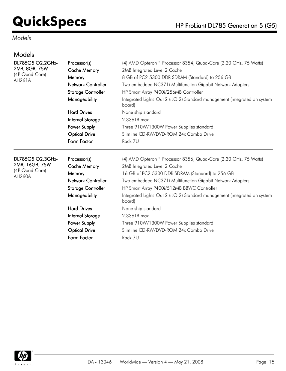 Models, Quickspecs | HP ProLiant DL785 User Manual | Page 15 / 42