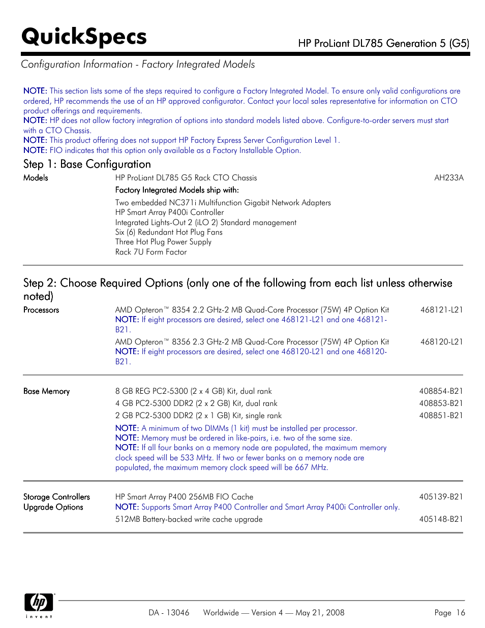 Quickspecs, Step 1: base configuration | HP ProLiant DL785 User Manual | Page 16 / 42