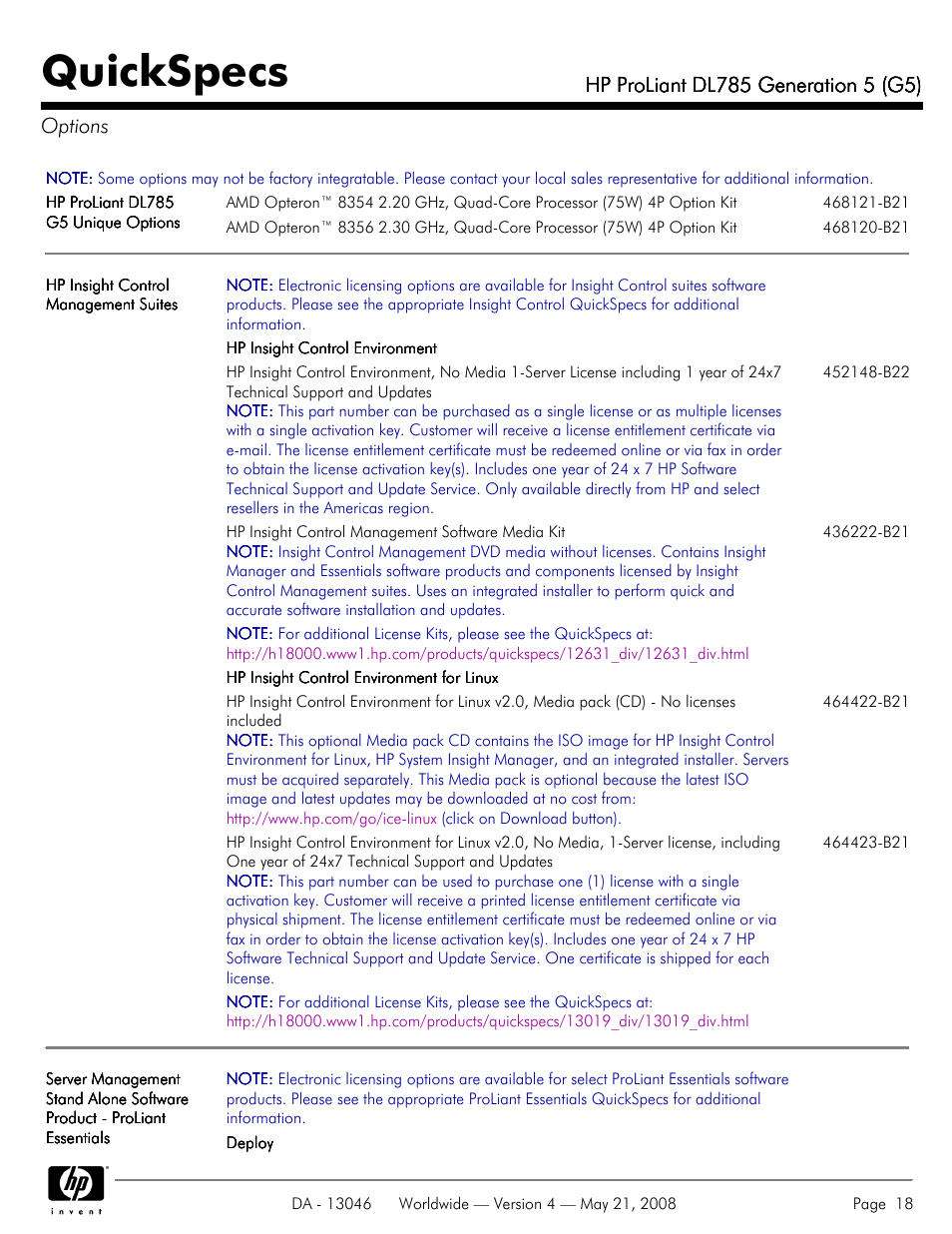 Options, Quickspecs | HP ProLiant DL785 User Manual | Page 18 / 42
