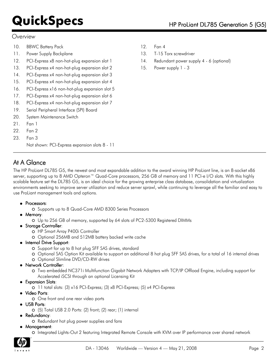 Quickspecs, At a glance | HP ProLiant DL785 User Manual | Page 2 / 42