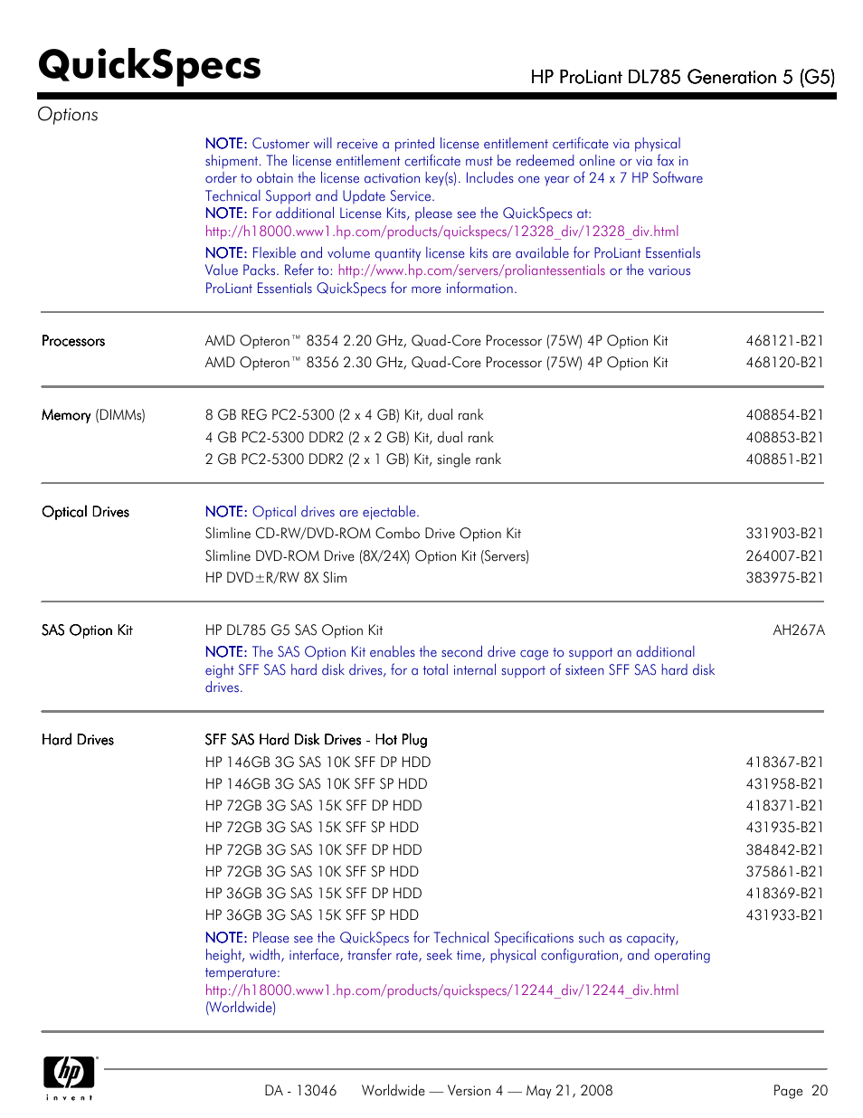 Quickspecs | HP ProLiant DL785 User Manual | Page 20 / 42