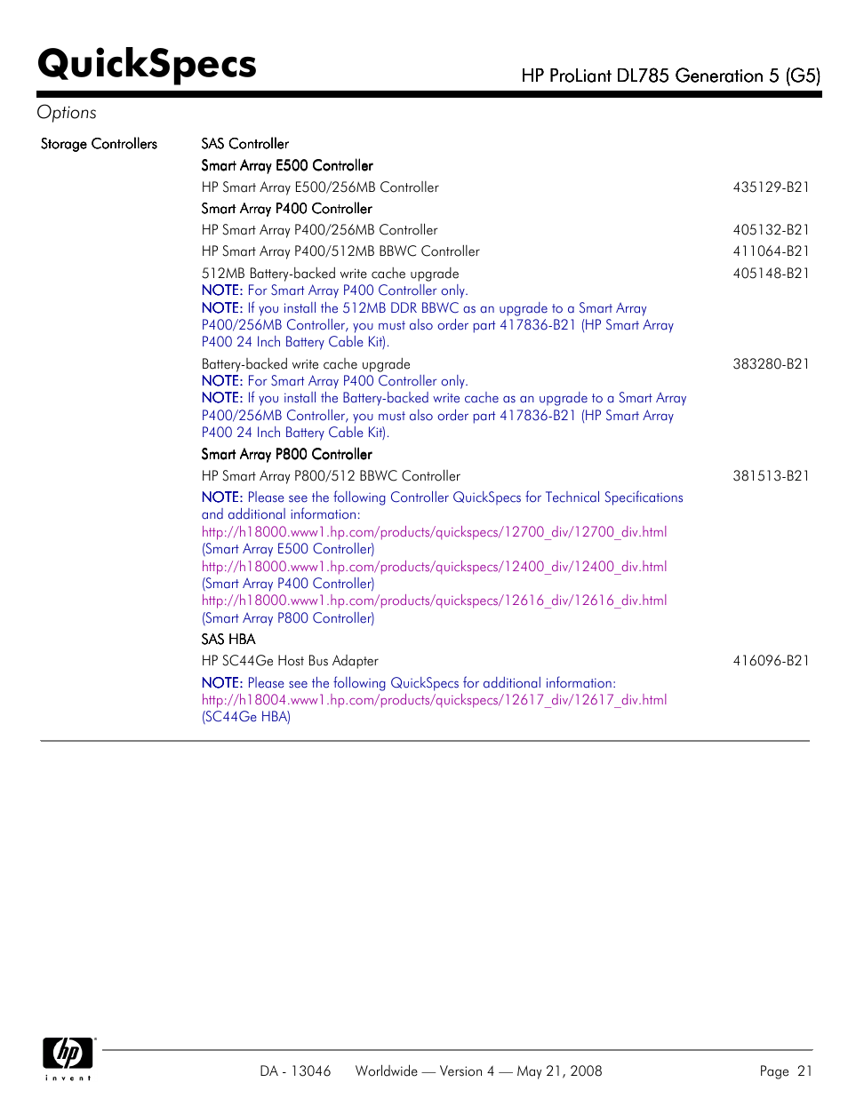 Quickspecs | HP ProLiant DL785 User Manual | Page 21 / 42