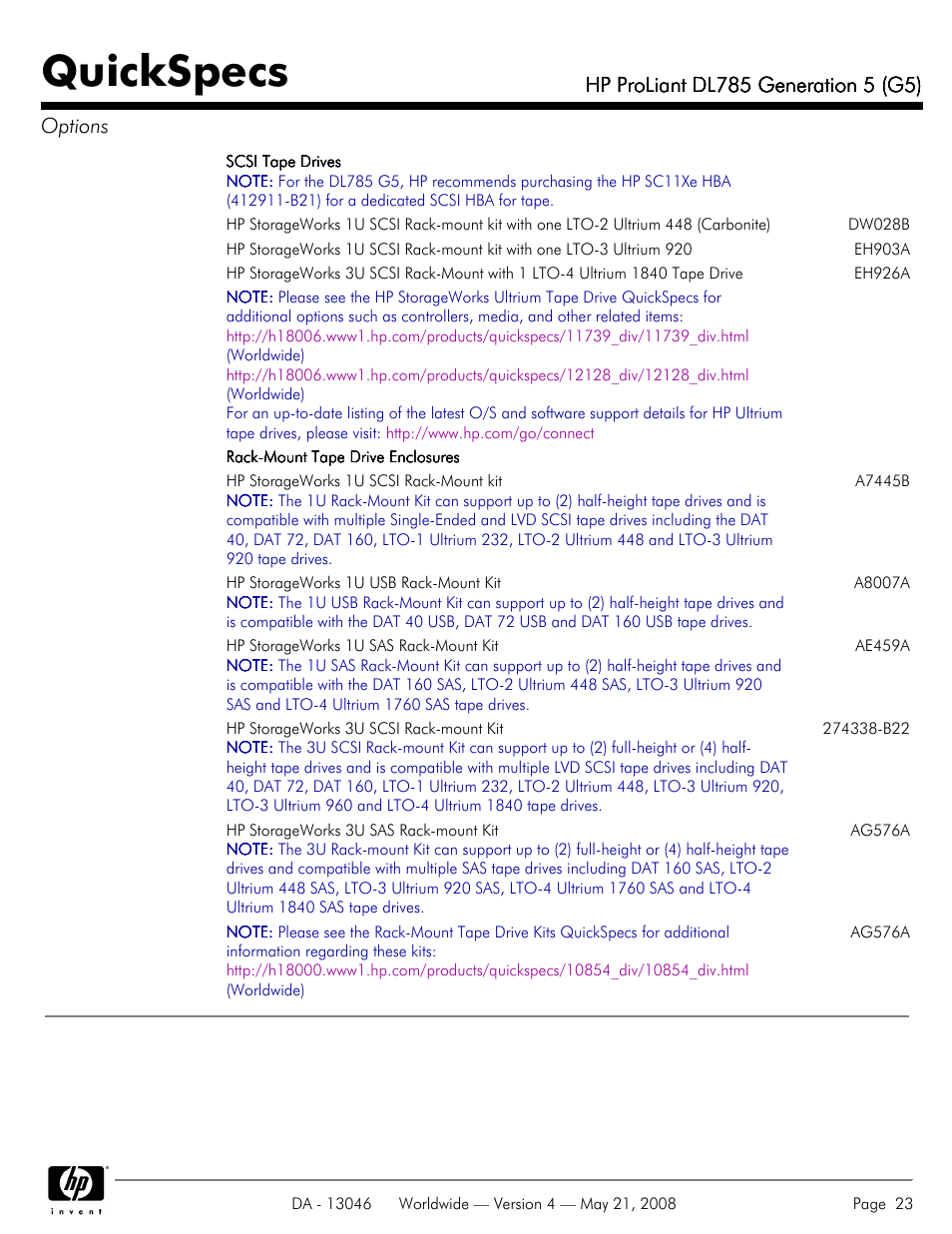 Quickspecs | HP ProLiant DL785 User Manual | Page 23 / 42