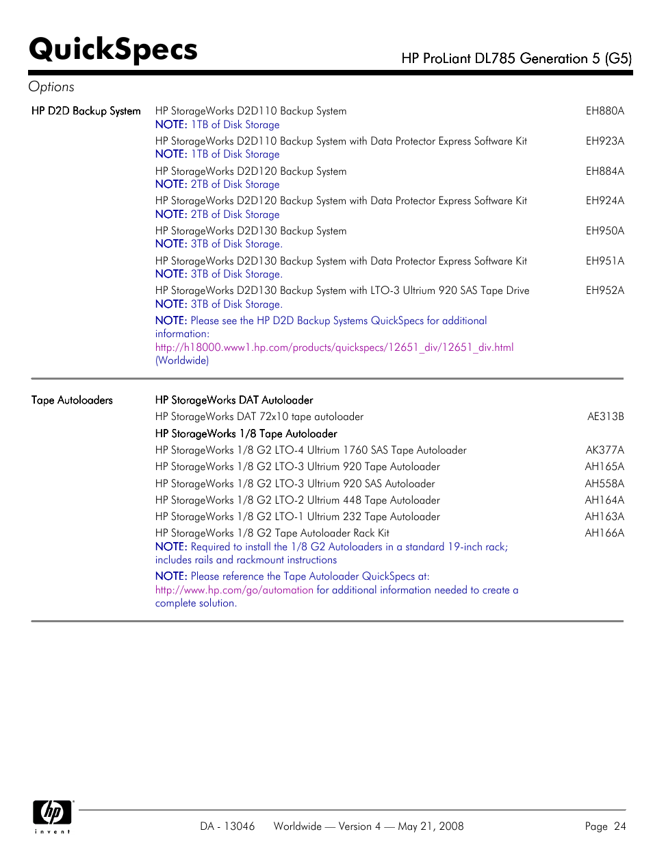 Quickspecs | HP ProLiant DL785 User Manual | Page 24 / 42