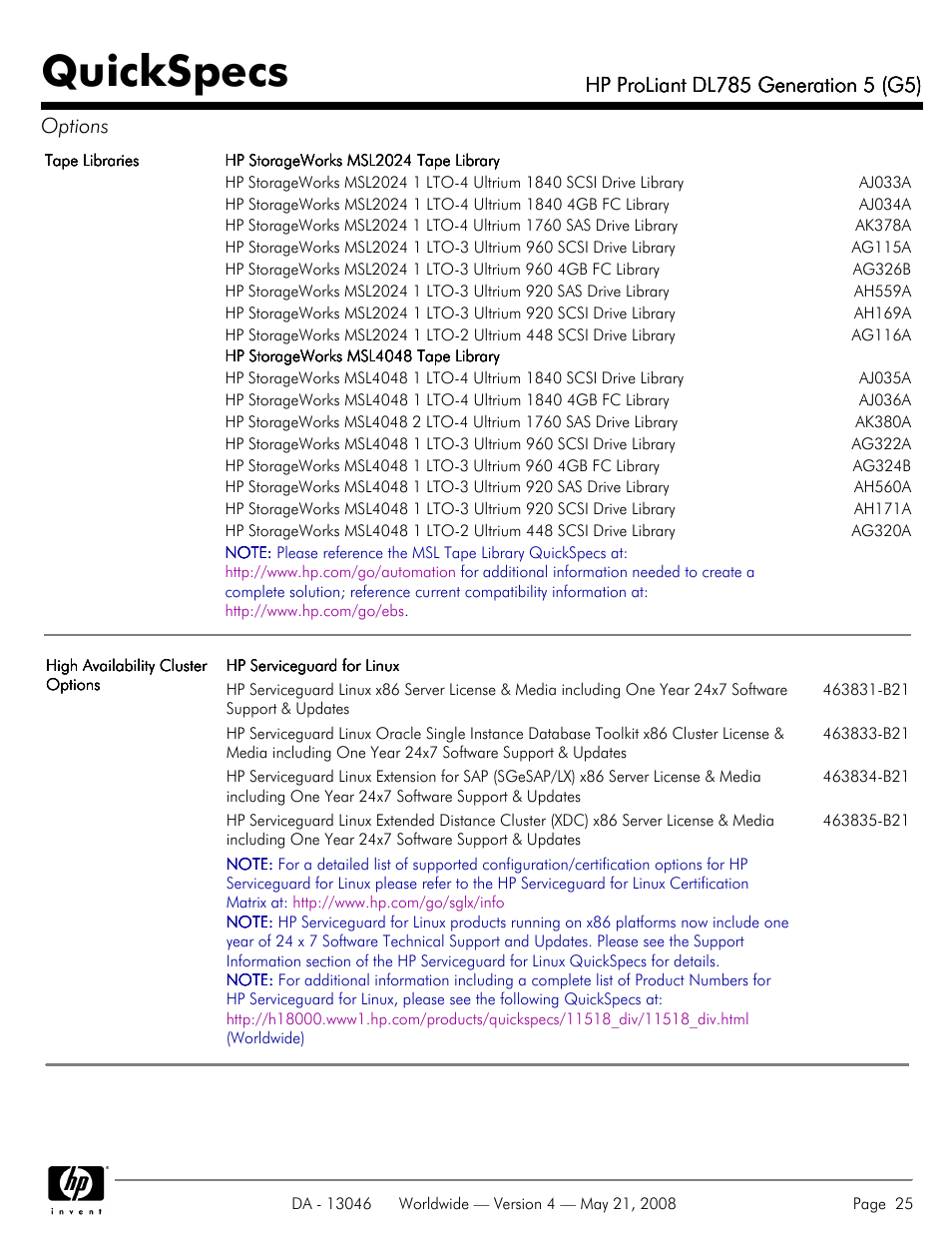 Quickspecs | HP ProLiant DL785 User Manual | Page 25 / 42