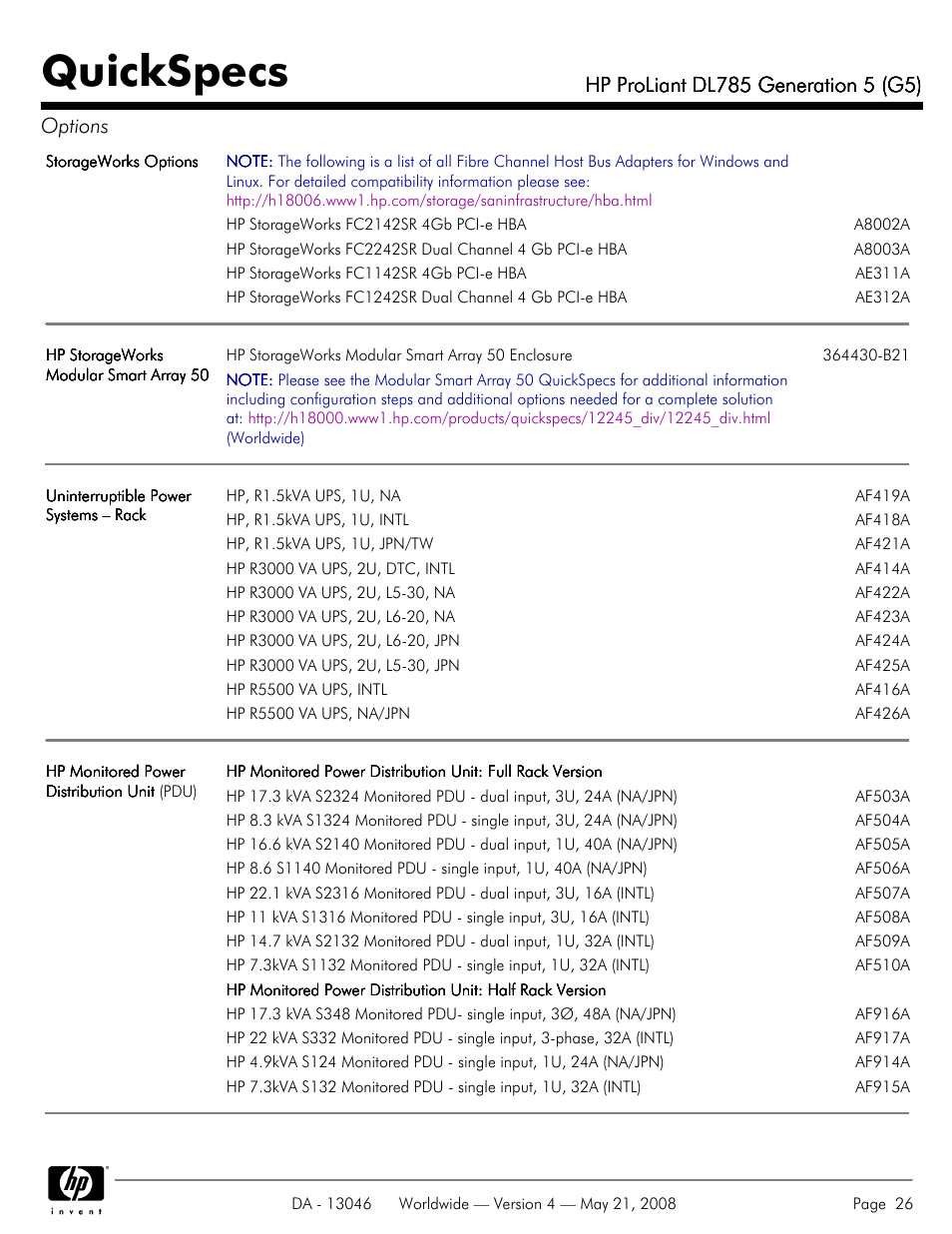 Quickspecs | HP ProLiant DL785 User Manual | Page 26 / 42