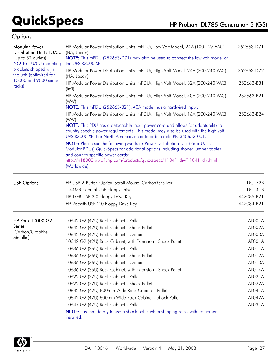 Quickspecs | HP ProLiant DL785 User Manual | Page 27 / 42