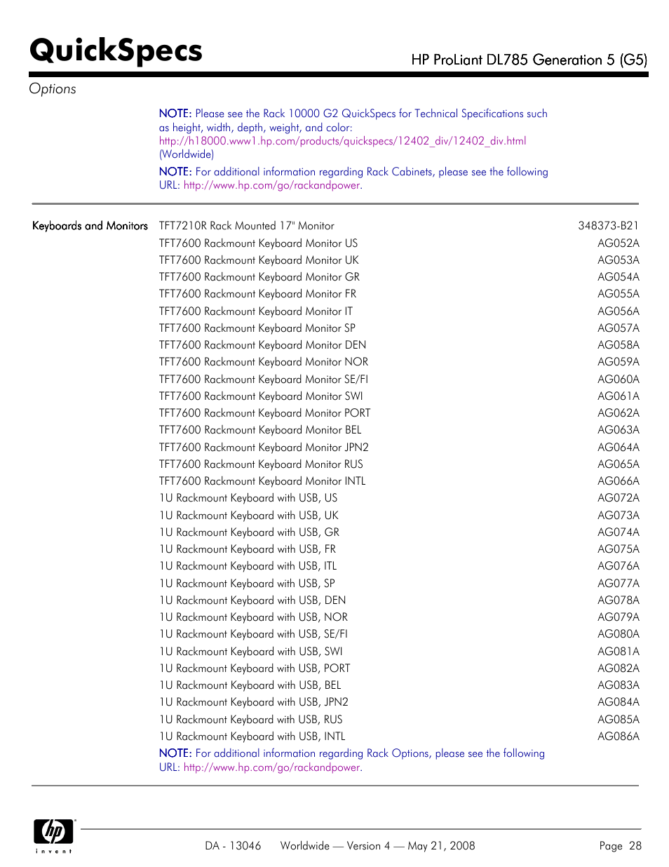 Quickspecs | HP ProLiant DL785 User Manual | Page 28 / 42