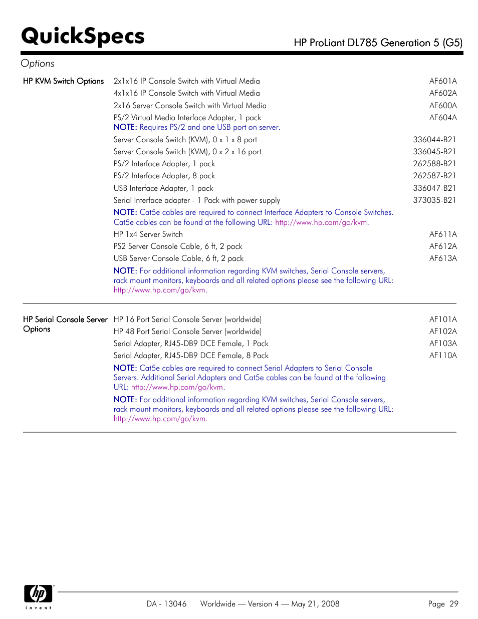 Quickspecs | HP ProLiant DL785 User Manual | Page 29 / 42