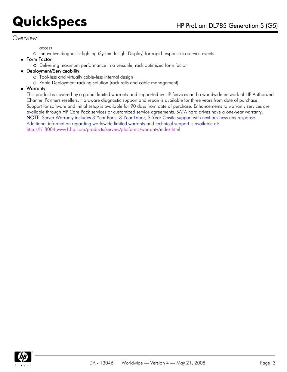 Quickspecs | HP ProLiant DL785 User Manual | Page 3 / 42