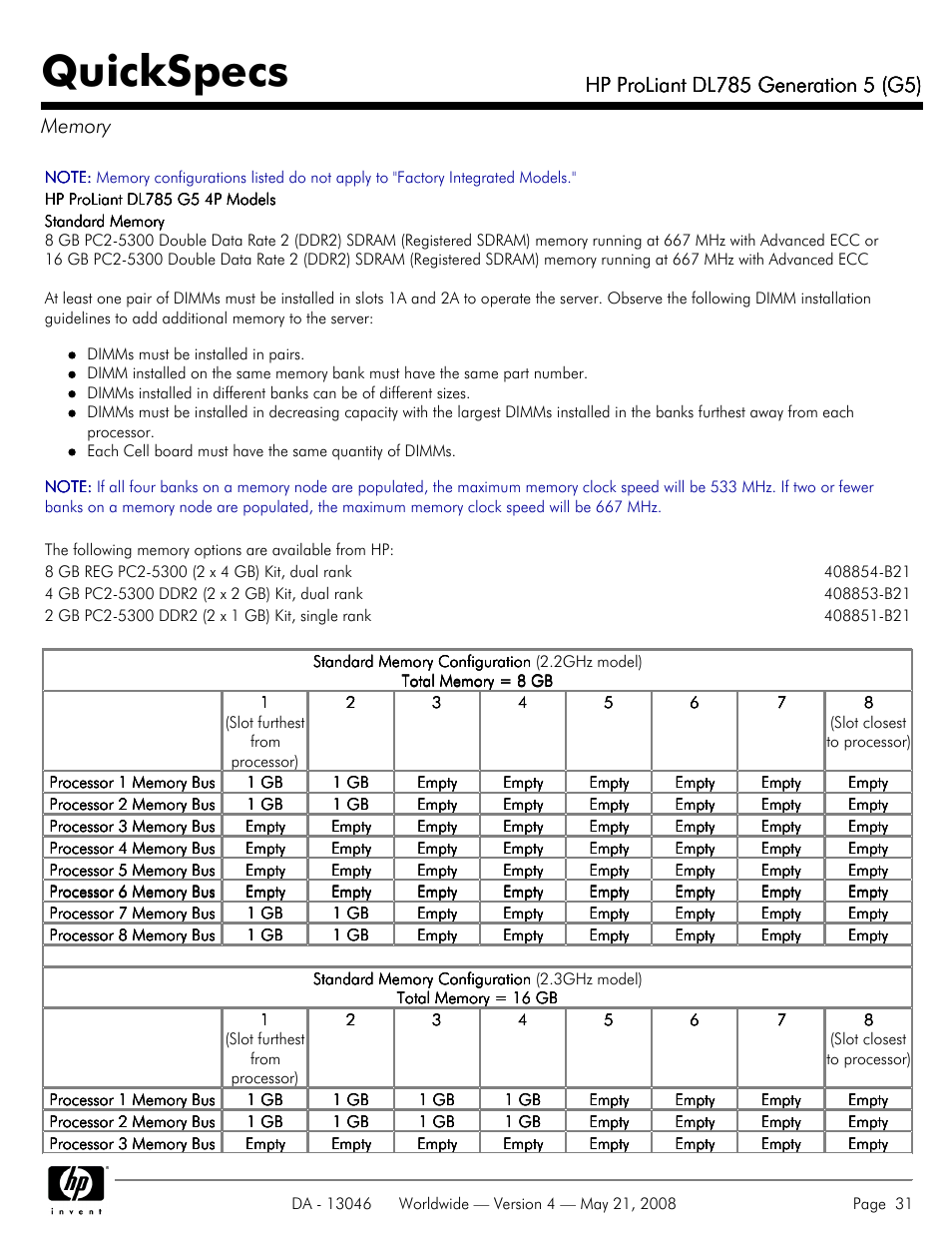 Memory, Quickspecs | HP ProLiant DL785 User Manual | Page 31 / 42