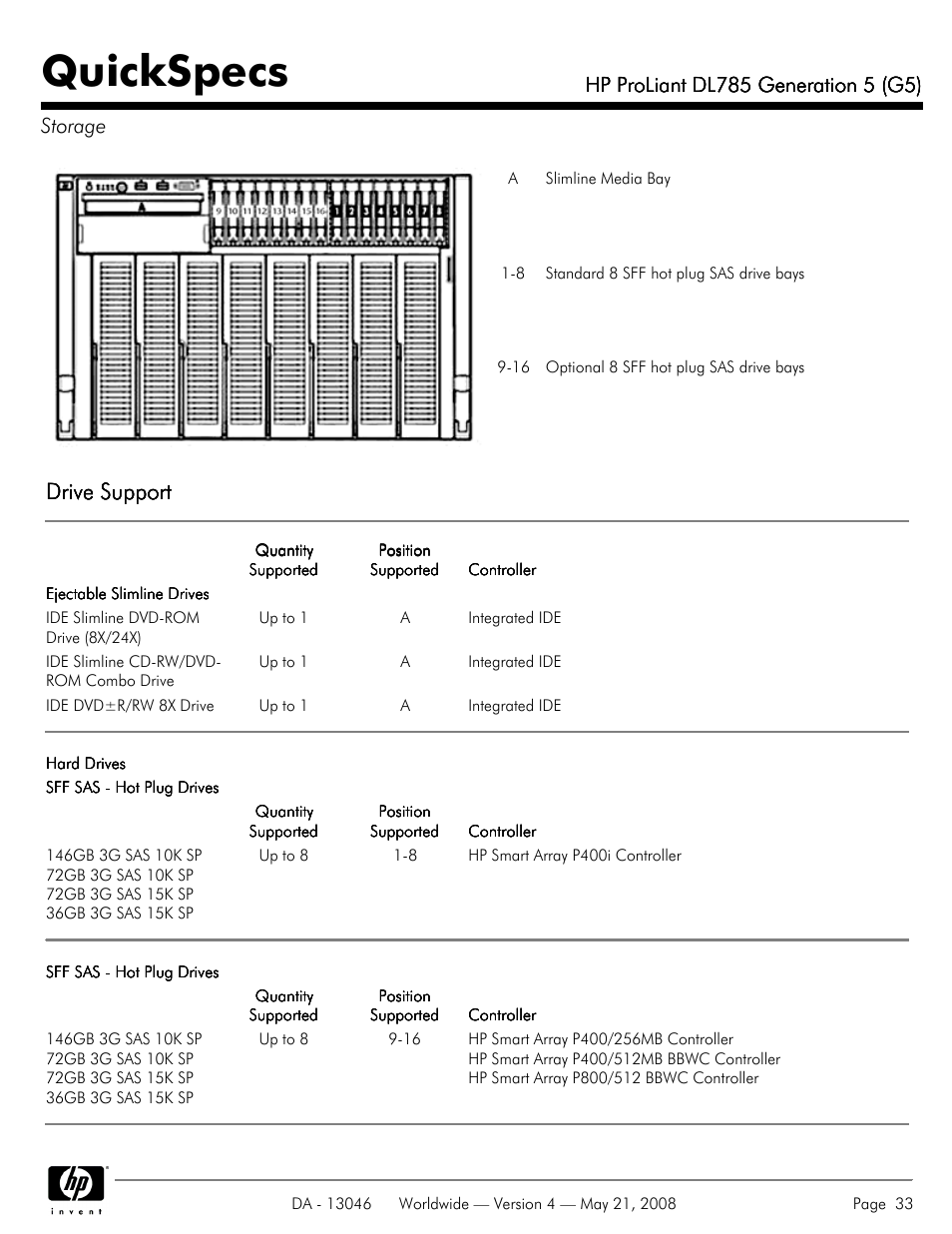 Storage, Quickspecs, Drive support | HP ProLiant DL785 User Manual | Page 33 / 42