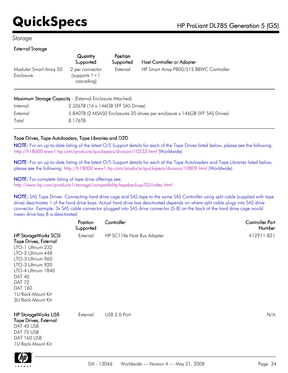 Quickspecs | HP ProLiant DL785 User Manual | Page 34 / 42