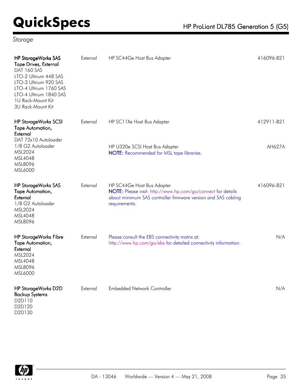 Quickspecs | HP ProLiant DL785 User Manual | Page 35 / 42