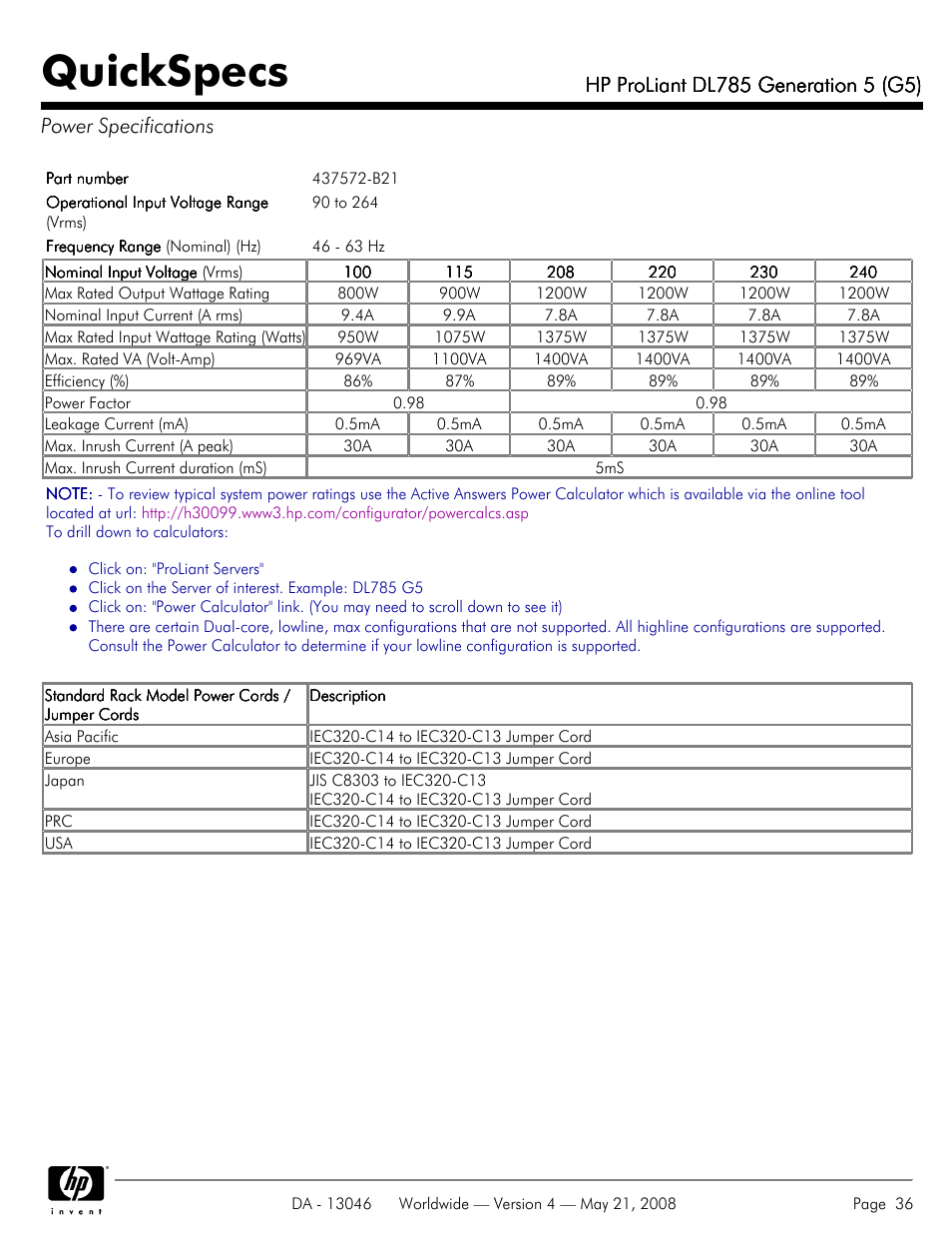 Power specifications, Quickspecs | HP ProLiant DL785 User Manual | Page 36 / 42