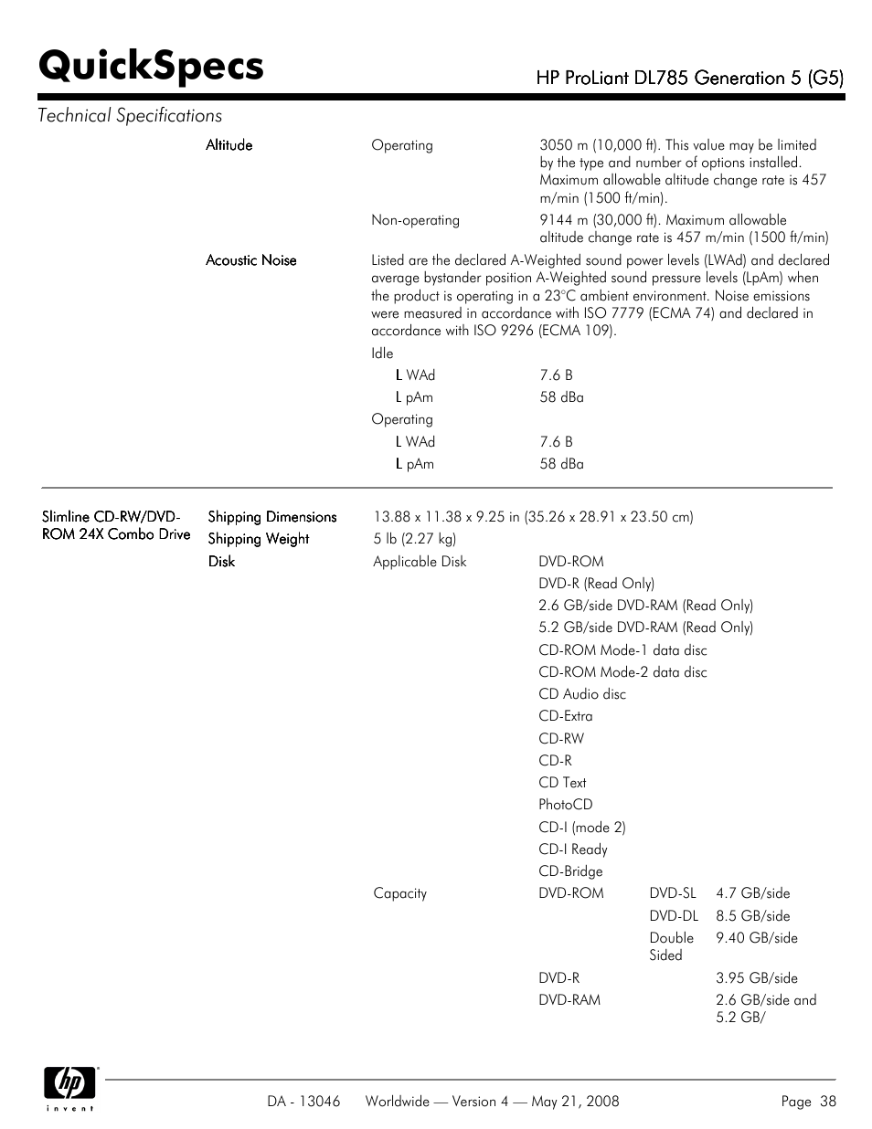 Quickspecs | HP ProLiant DL785 User Manual | Page 38 / 42