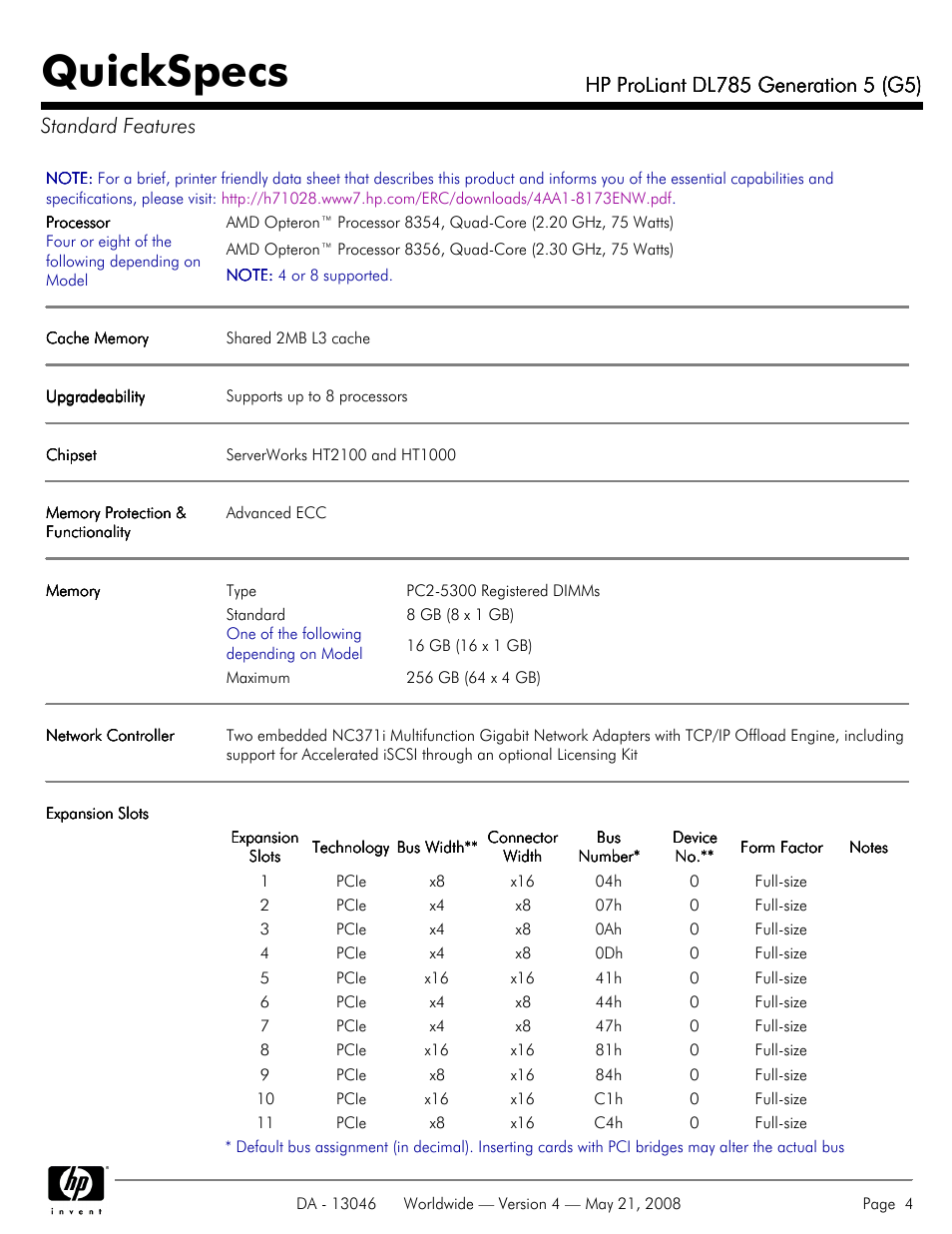 Standard features, Quickspecs | HP ProLiant DL785 User Manual | Page 4 / 42