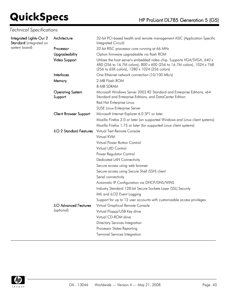Quickspecs | HP ProLiant DL785 User Manual | Page 40 / 42