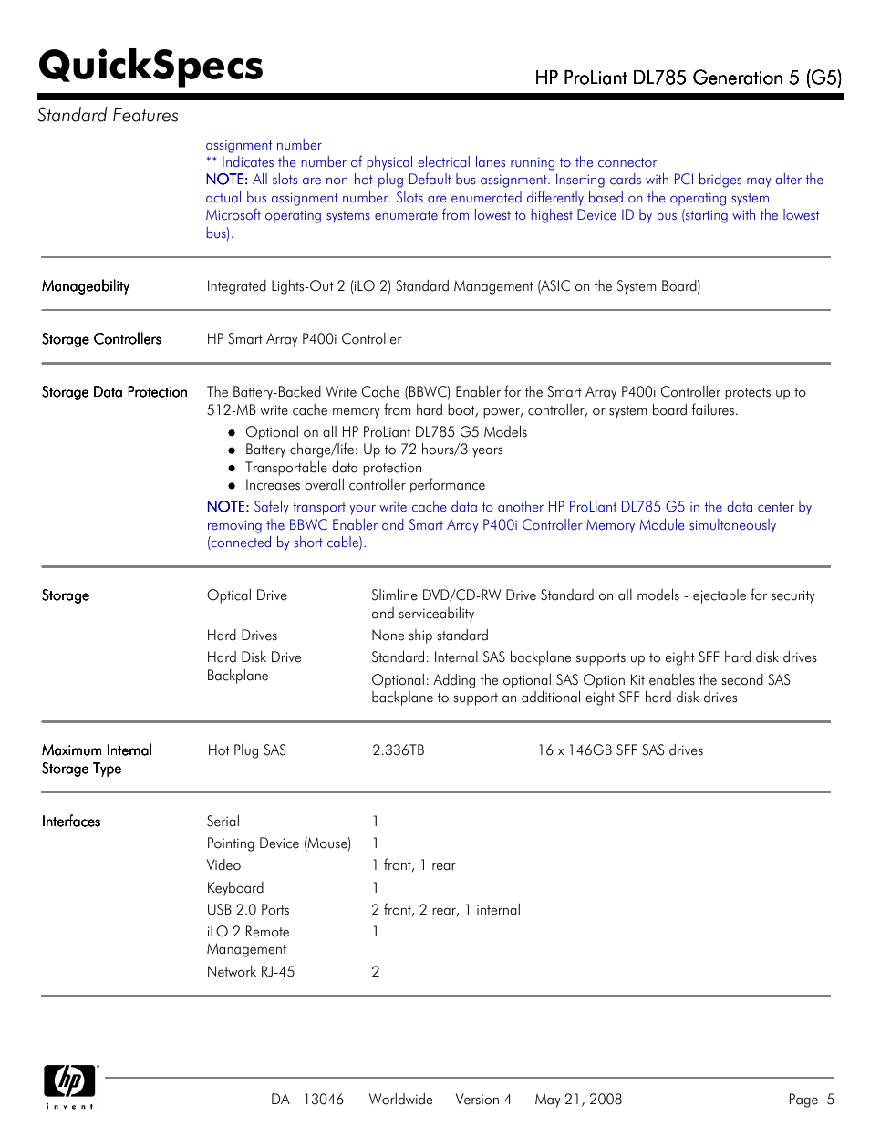 Quickspecs | HP ProLiant DL785 User Manual | Page 5 / 42