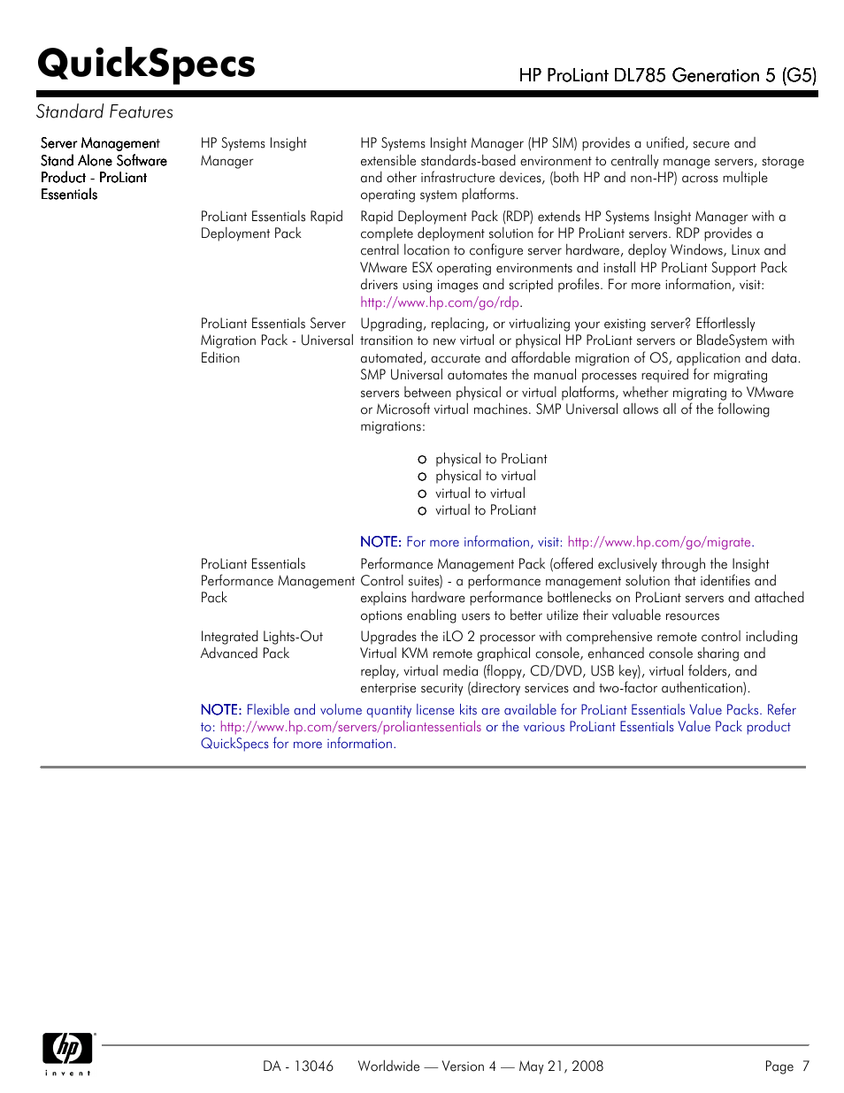 Quickspecs | HP ProLiant DL785 User Manual | Page 7 / 42