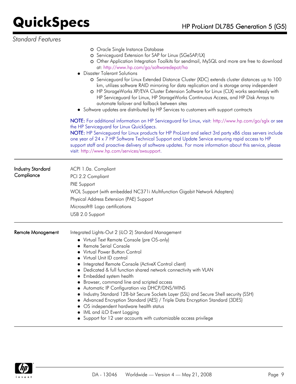 Quickspecs | HP ProLiant DL785 User Manual | Page 9 / 42
