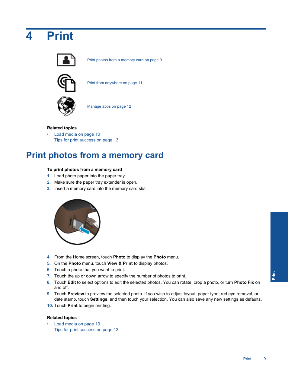 Print, Print photos from a memory card, 4 print | 4print | HP 5510 User Manual | Page 11 / 52
