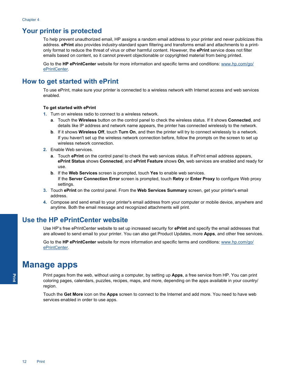Your printer is protected, How to get started with eprint, Use the hp eprintcenter website | Manage apps | HP 5510 User Manual | Page 14 / 52
