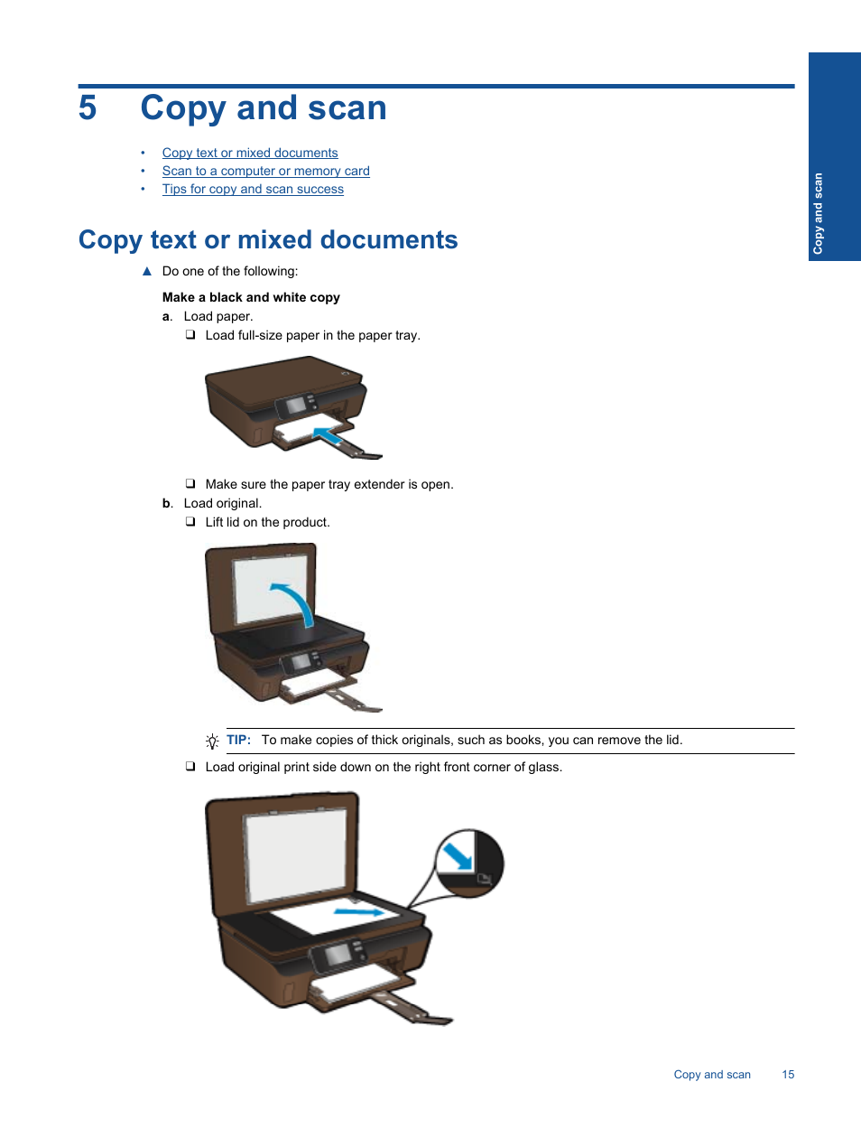 Copy and scan, Copy text or mixed documents, 5 copy and scan | 5copy and scan | HP 5510 User Manual | Page 17 / 52