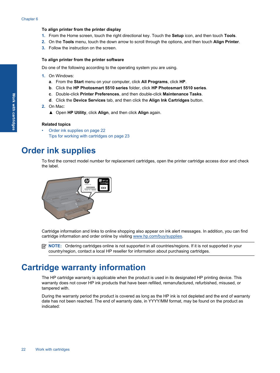 Order ink supplies, Cartridge warranty information, Order ink supplies cartridge warranty information | HP 5510 User Manual | Page 24 / 52