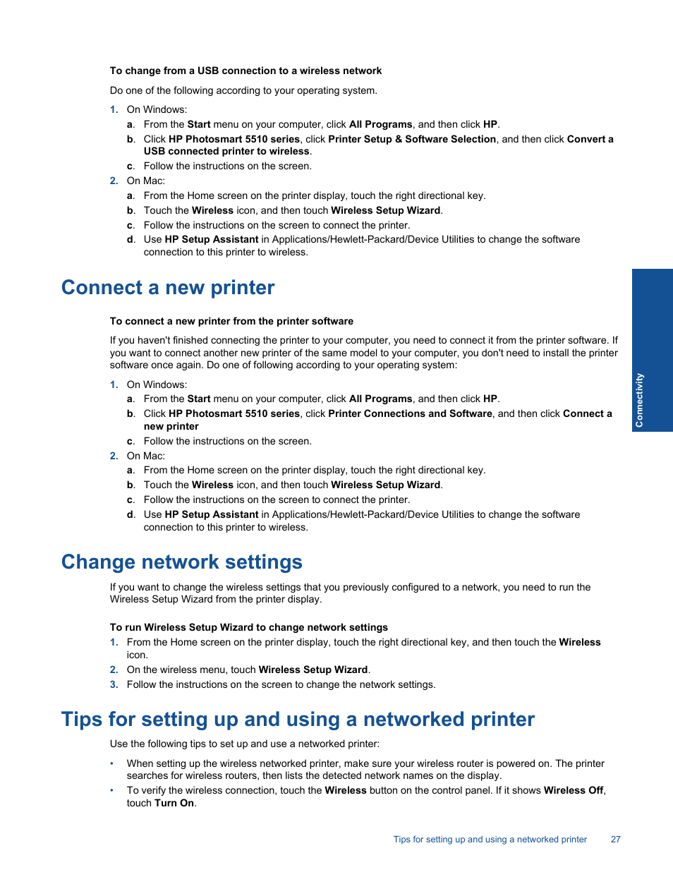 Connect a new printer, Change network settings, Tips for setting up and using a networked printer | HP 5510 User Manual | Page 29 / 52