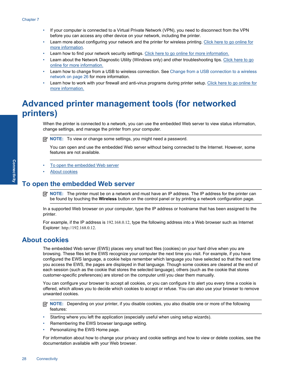 To open the embedded web server, About cookies | HP 5510 User Manual | Page 30 / 52