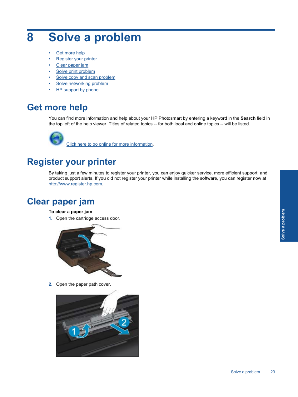 Solve a problem, Get more help, Register your printer | Clear paper jam, 8 solve a problem, 8solve a problem | HP 5510 User Manual | Page 31 / 52