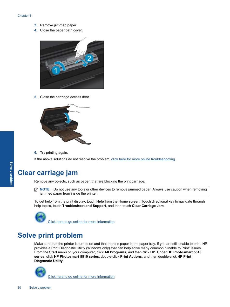 Solve print problem, Clear carriage jam | HP 5510 User Manual | Page 32 / 52
