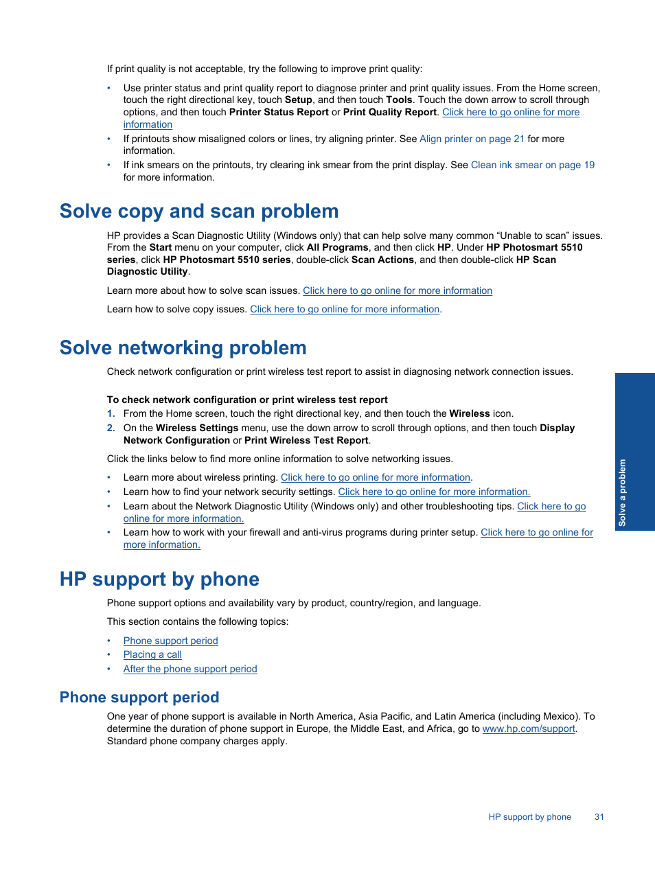 Solve copy and scan problem, Solve networking problem, Hp support by phone | Phone support period | HP 5510 User Manual | Page 33 / 52