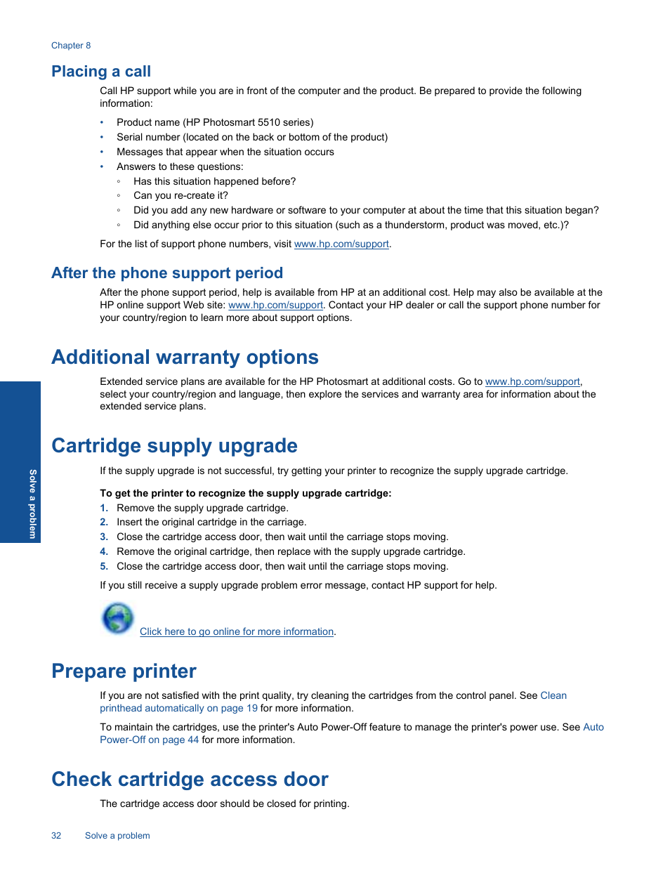 Placing a call, After the phone support period, Additional warranty options | Cartridge supply upgrade, Prepare printer, Check cartridge access door | HP 5510 User Manual | Page 34 / 52