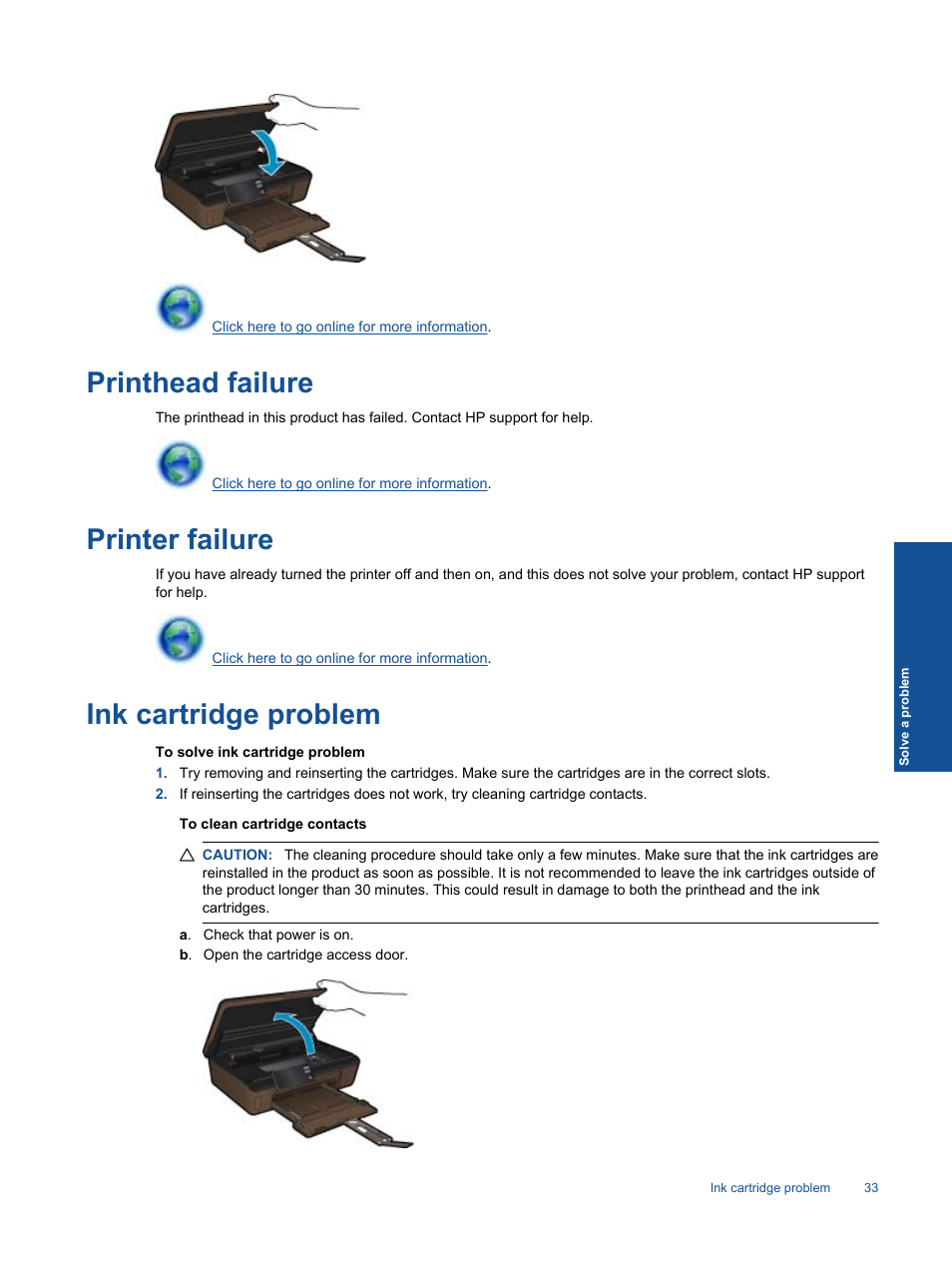 Printhead failure, Printer failure, Ink cartridge problem | HP 5510 User Manual | Page 35 / 52