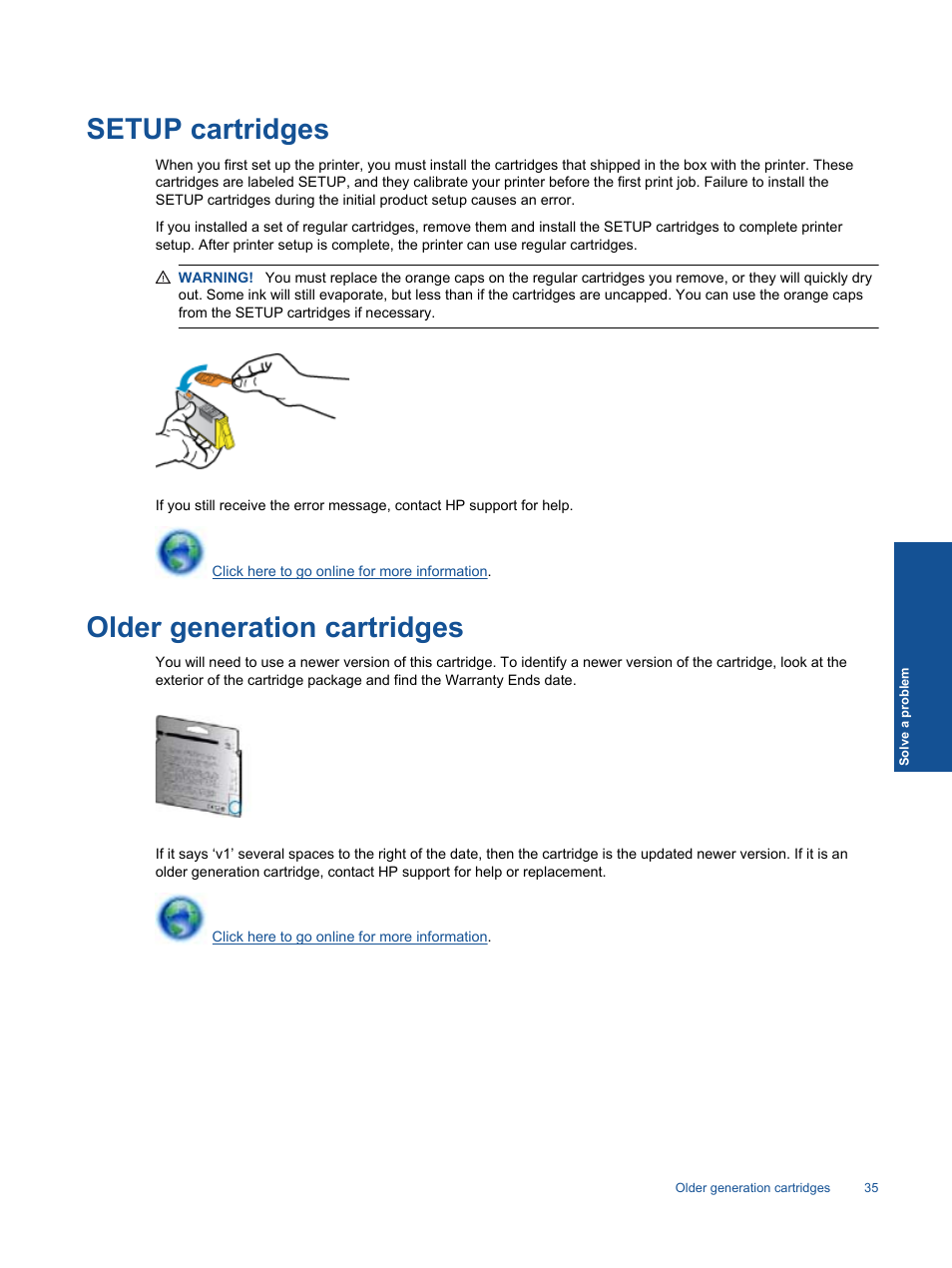Setup cartridges, Older generation cartridges | HP 5510 User Manual | Page 37 / 52