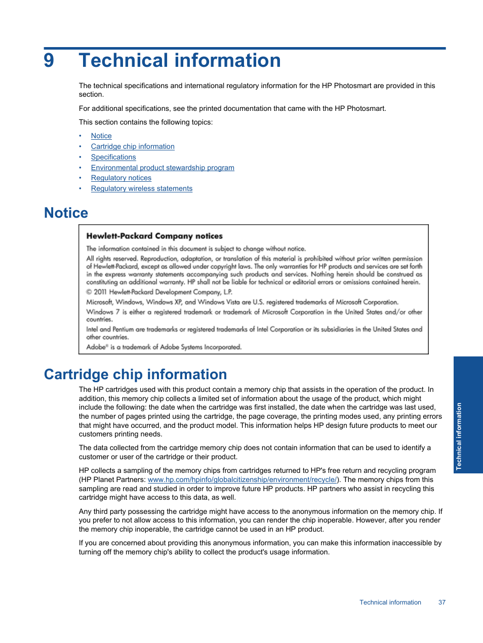 Technical information, Notice, Cartridge chip information | 9 technical information, Notice cartridge chip information, 9technical information | HP 5510 User Manual | Page 39 / 52