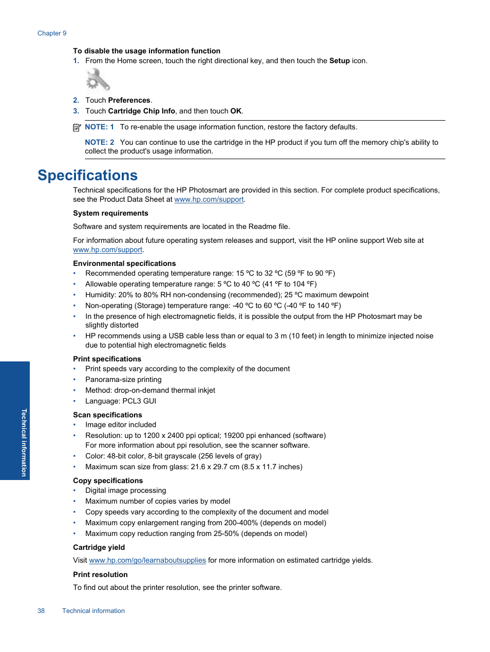 Specifications | HP 5510 User Manual | Page 40 / 52