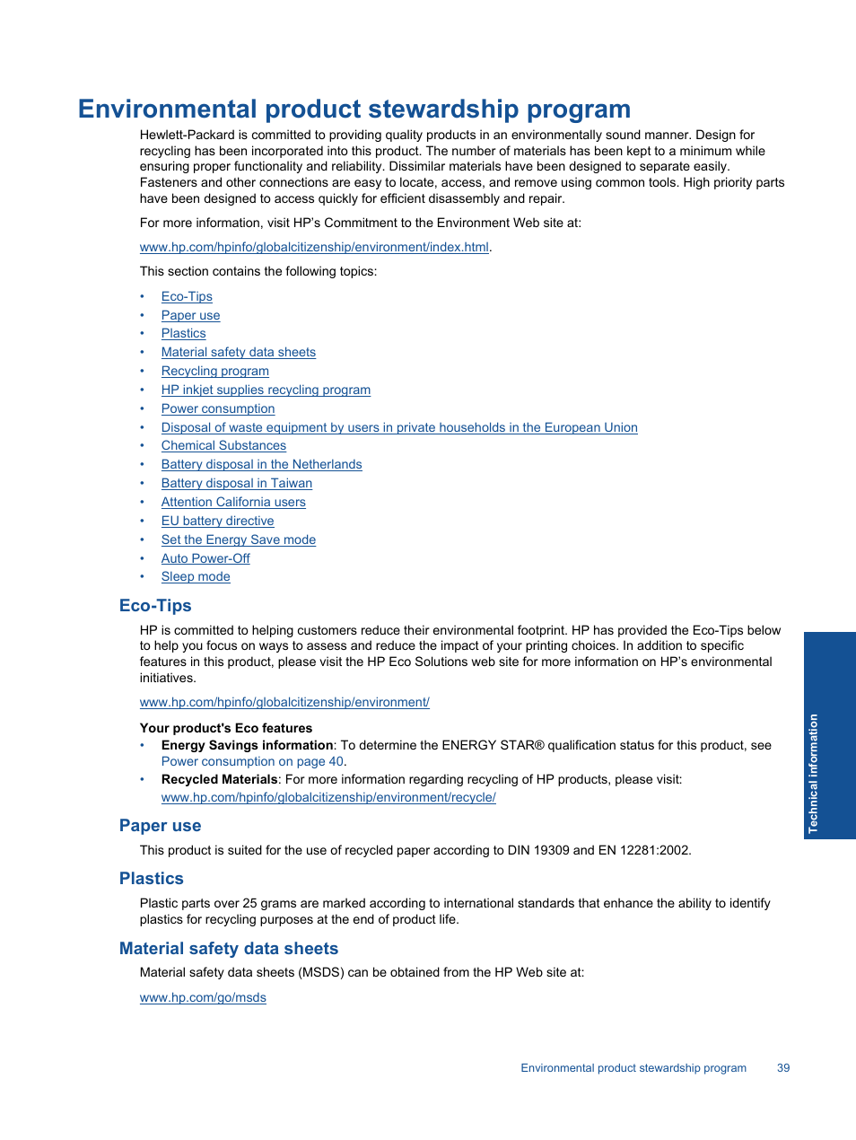 Environmental product stewardship program, Eco-tips, Paper use | Plastics, Material safety data sheets | HP 5510 User Manual | Page 41 / 52