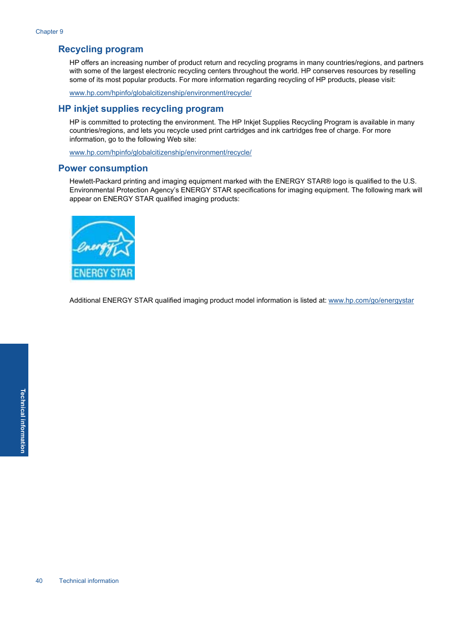 Recycling program, Hp inkjet supplies recycling program, Power consumption | HP 5510 User Manual | Page 42 / 52