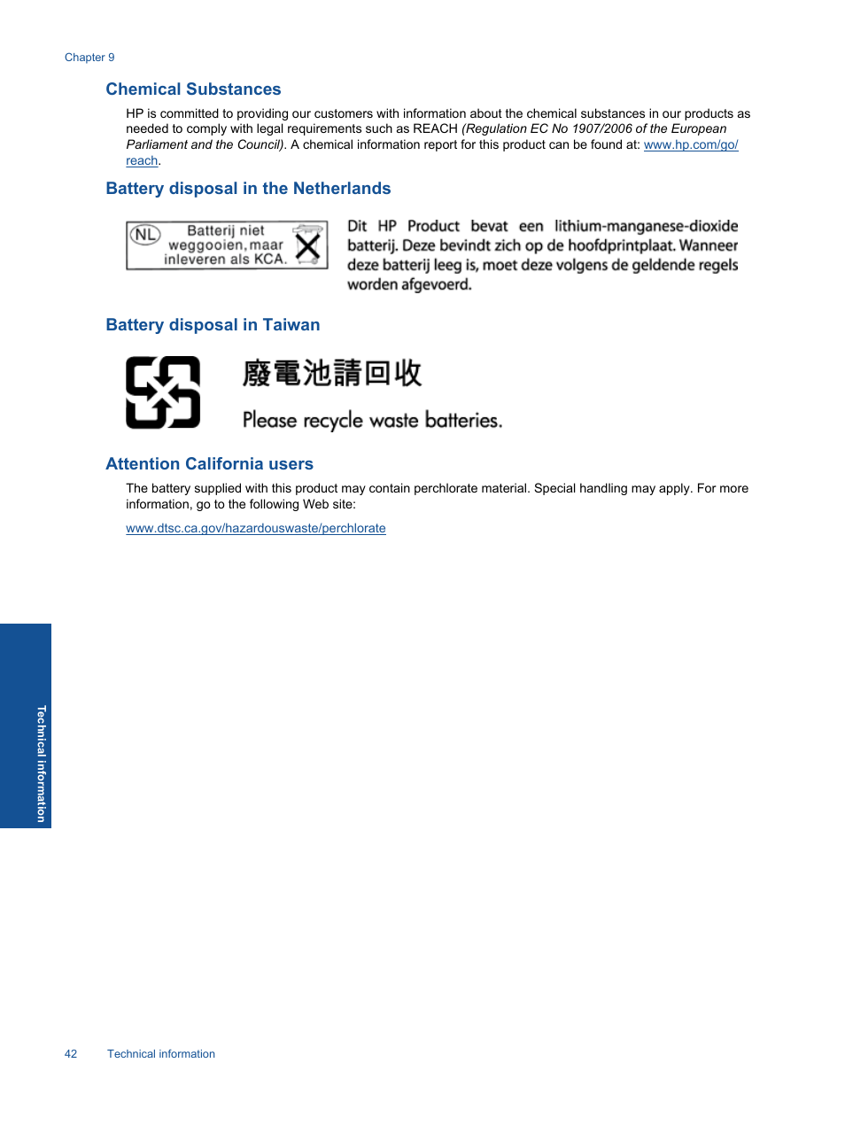 Chemical substances, Battery disposal in the netherlands, Battery disposal in taiwan | Attention california users | HP 5510 User Manual | Page 44 / 52