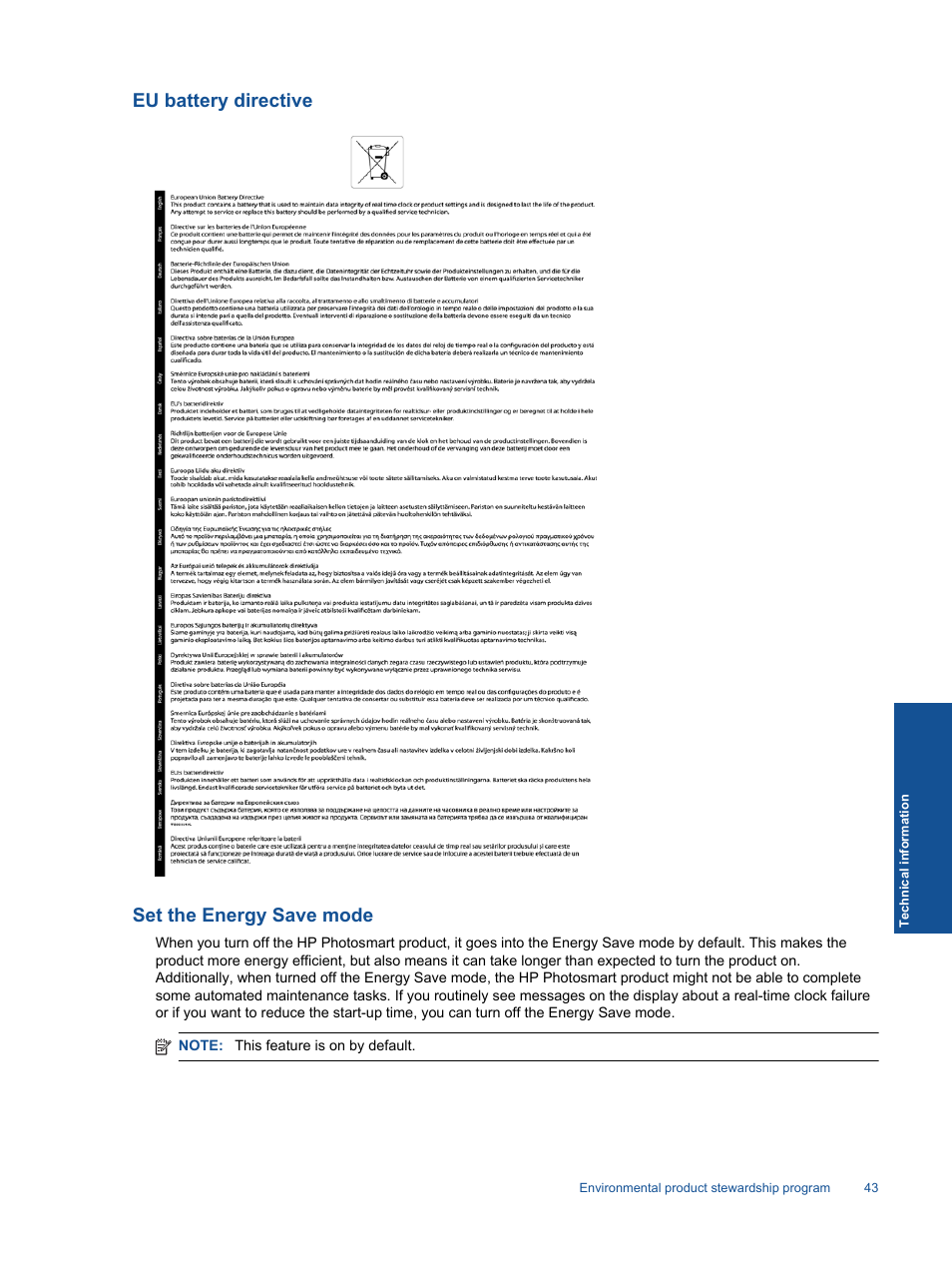 Eu battery directive, Set the energy save mode, Eu battery directive set the energy save mode | HP 5510 User Manual | Page 45 / 52