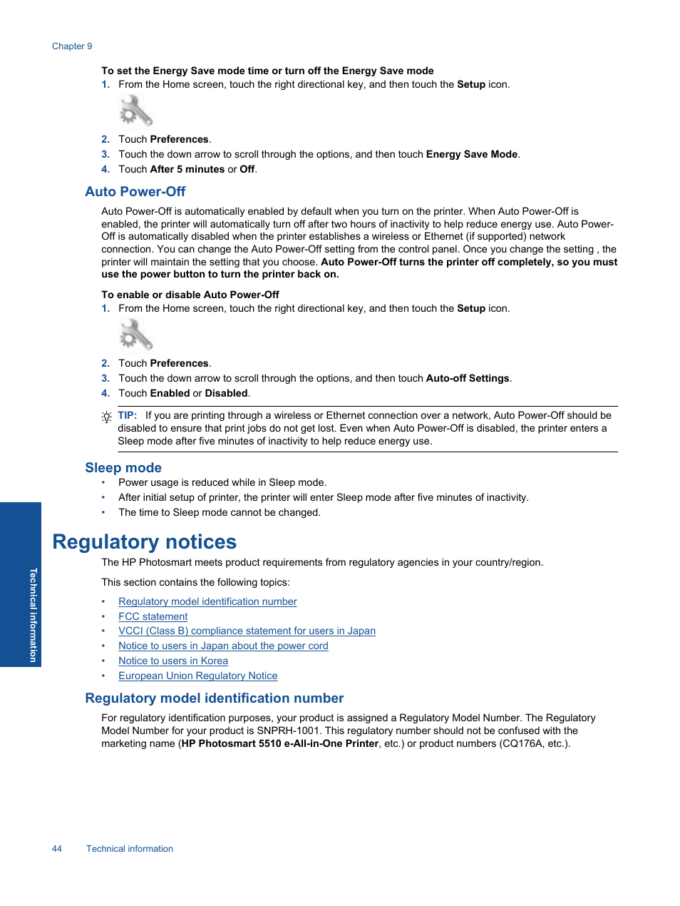 Auto power-off, Sleep mode, Regulatory notices | Regulatory model identification number, Auto | HP 5510 User Manual | Page 46 / 52